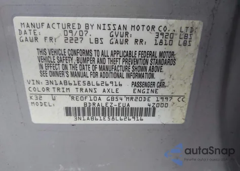 2008 Nissan Sentra 2.0S z USA, uszkodzony, nr VIN 3N1AB61E58L626916